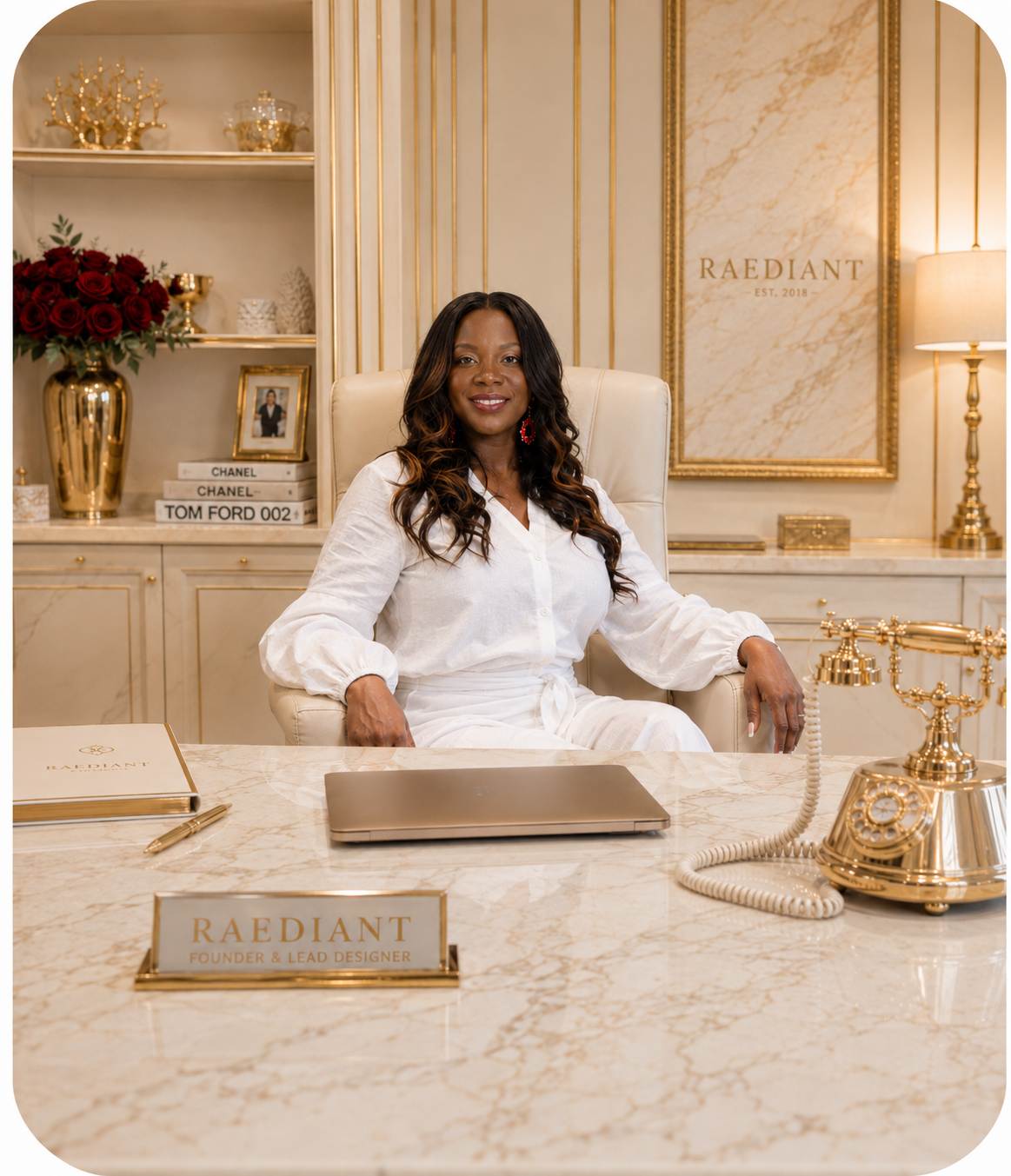Jo Anna McRae seated at her RAEDIANT design desk in a white linen suit, gold laptop and lead designer nameplate