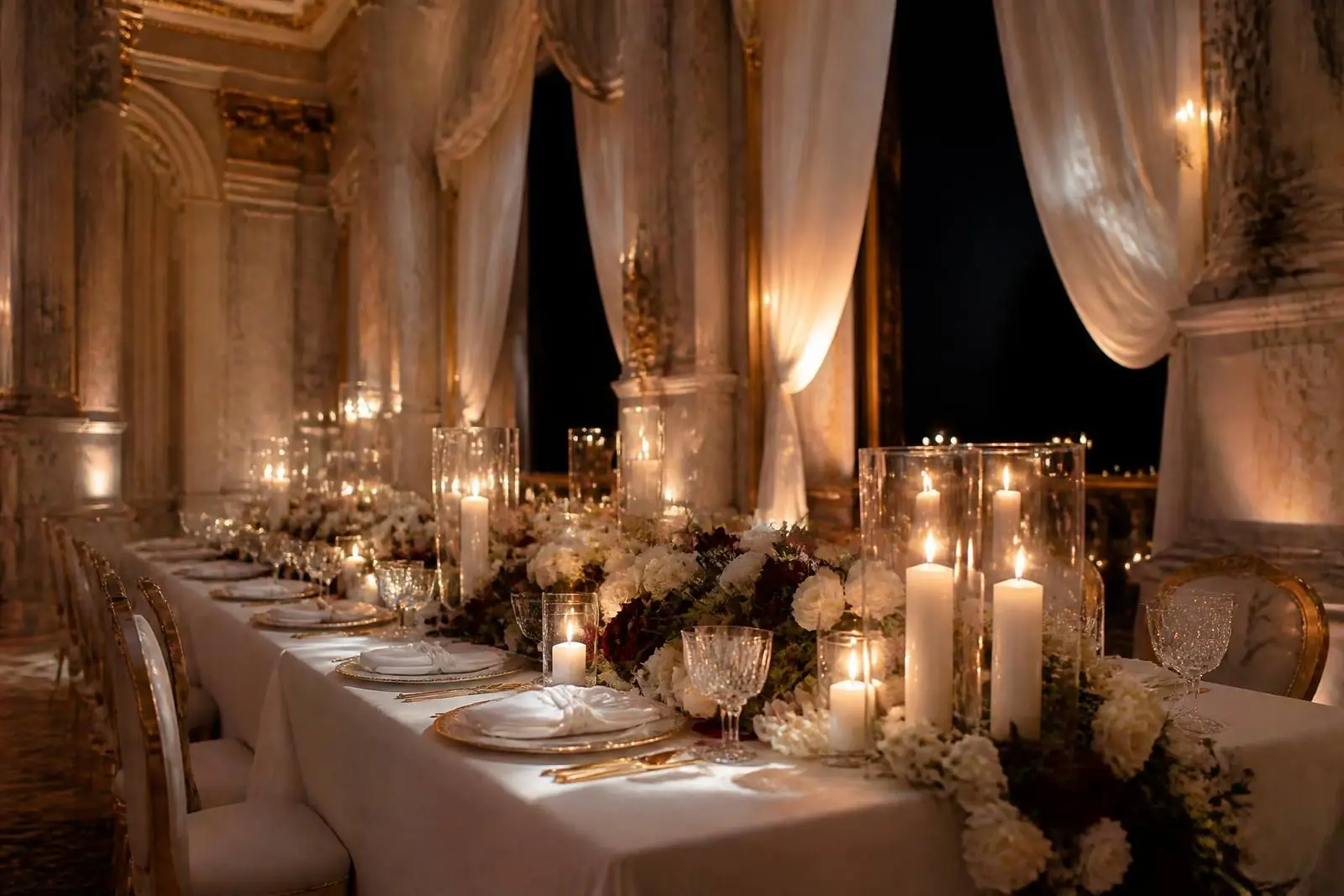 Candlelit white marble and gold reception hall at night with a long dinner table, crystal glassware and white and deep red rose garland
