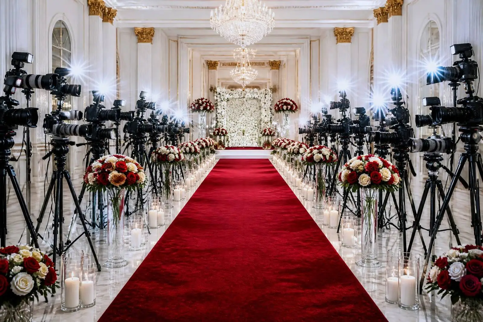 Bright white and gold marble wedding hall with a red carpet aisle lined with press cameras flashing toward a white floral altar