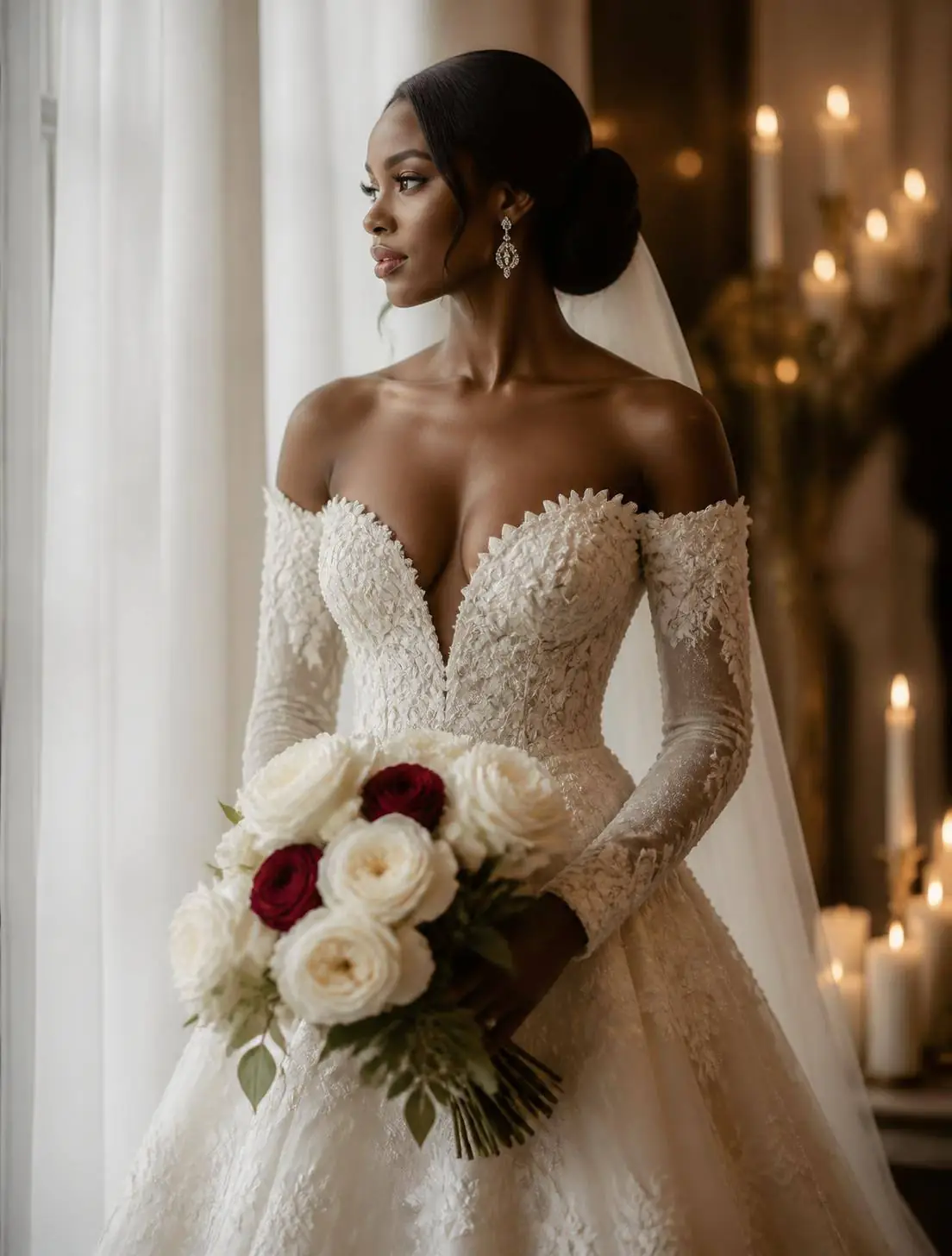 A bride in a couture ivory gown holding white garden roses with deep crimson roses