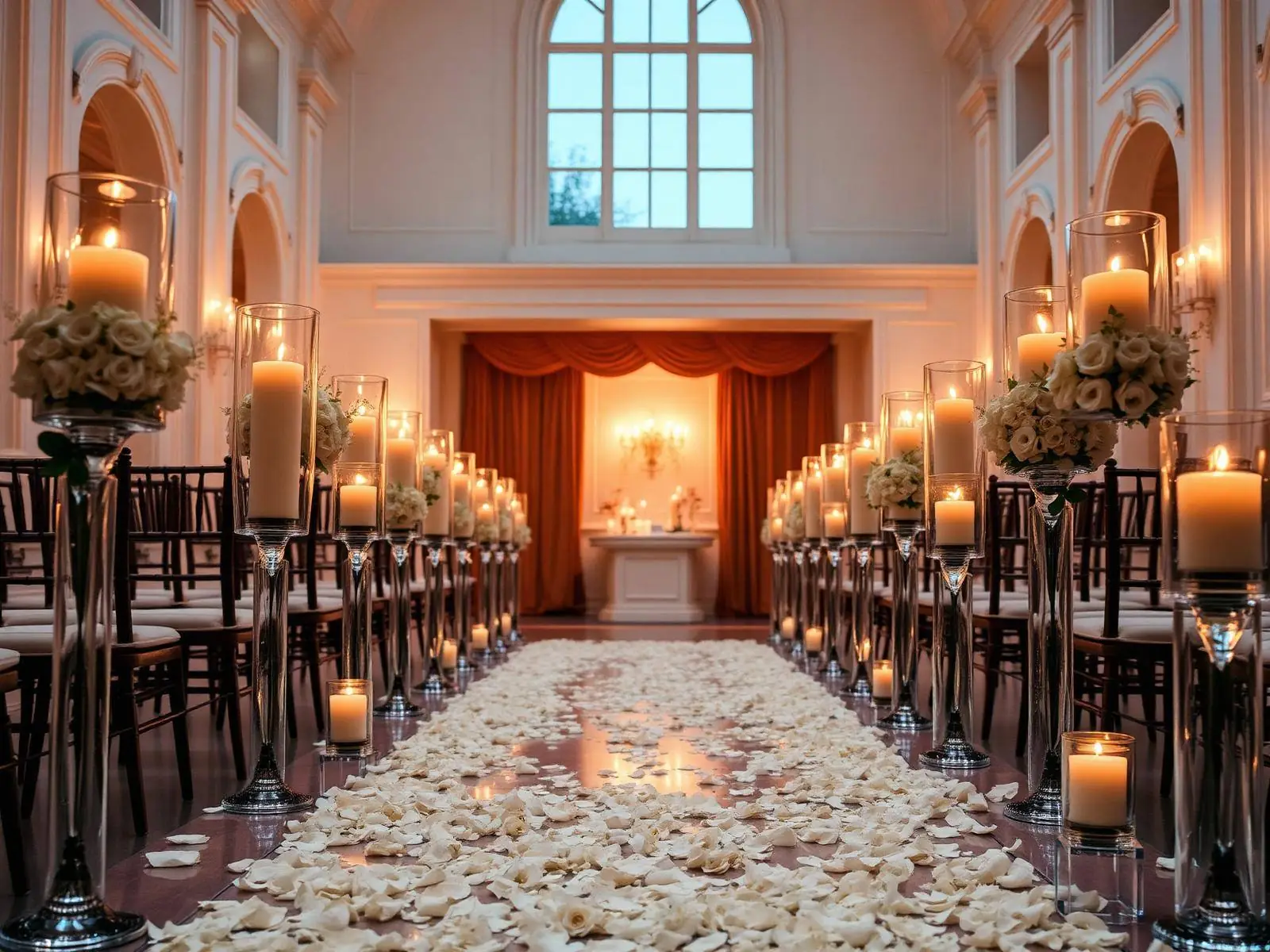 Candlelit ceremony aisle lined with pillar candles and white rose petals