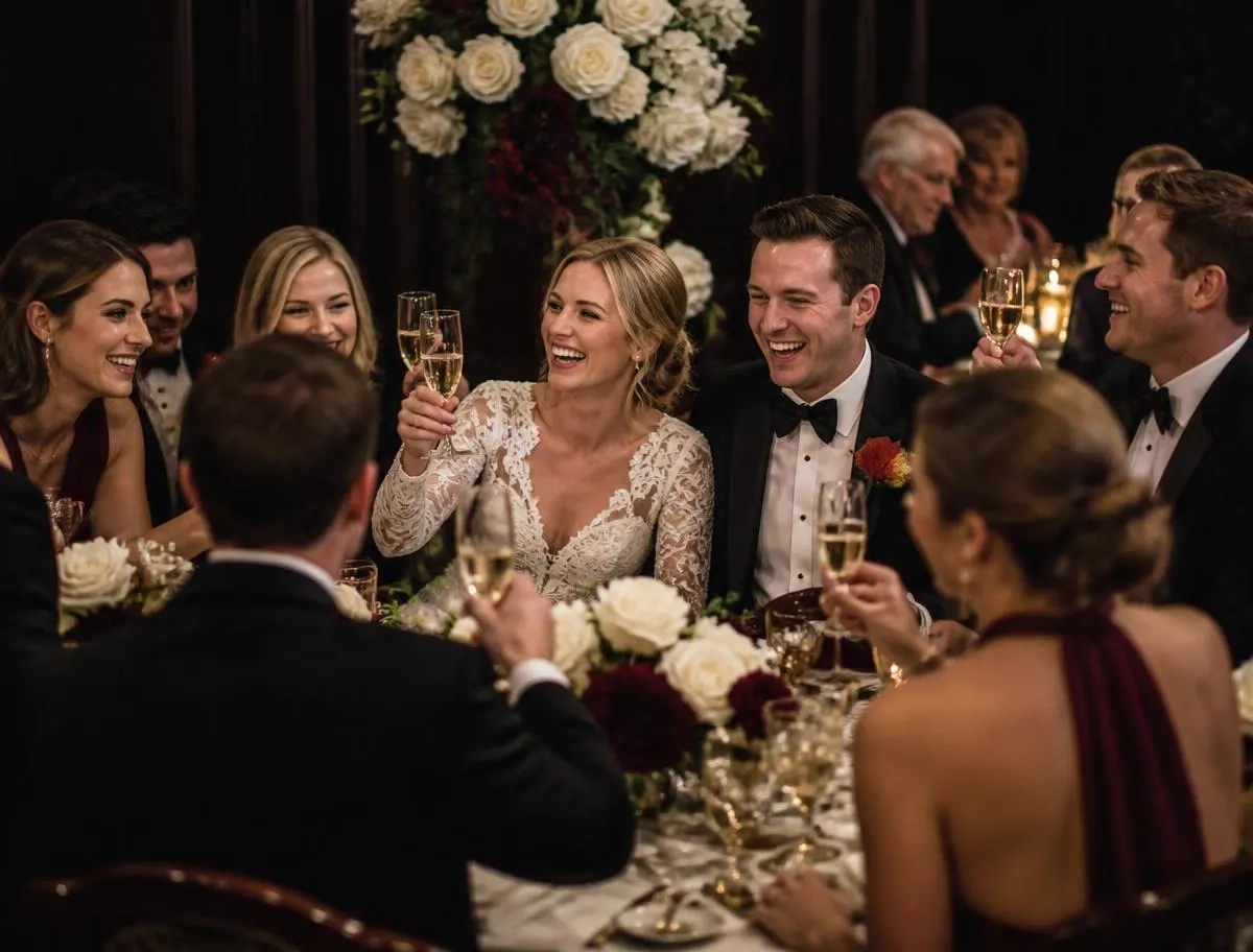 Bride and groom laughing with guests raising champagne glasses at a candlelit wedding dinner