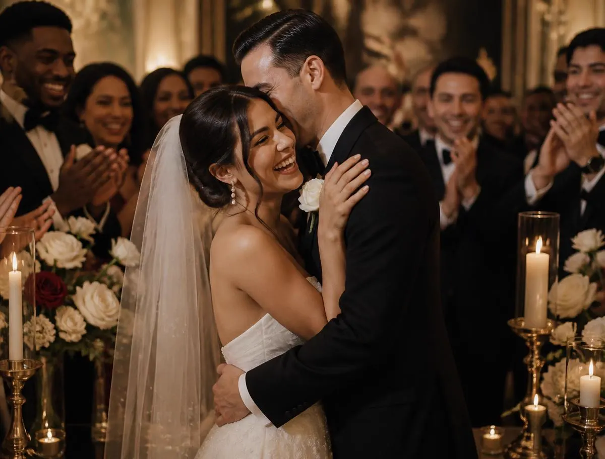 Newlyweds embracing mid-laugh as a diverse group of guests applauds in a candlelit venue