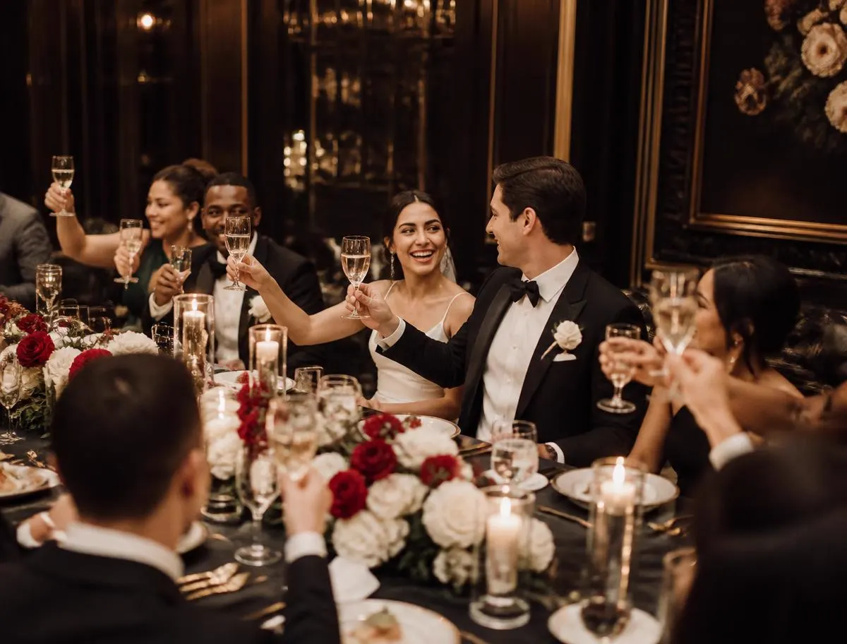 Wedding guests of many backgrounds toasting along a candlelit dinner table with white and crimson florals