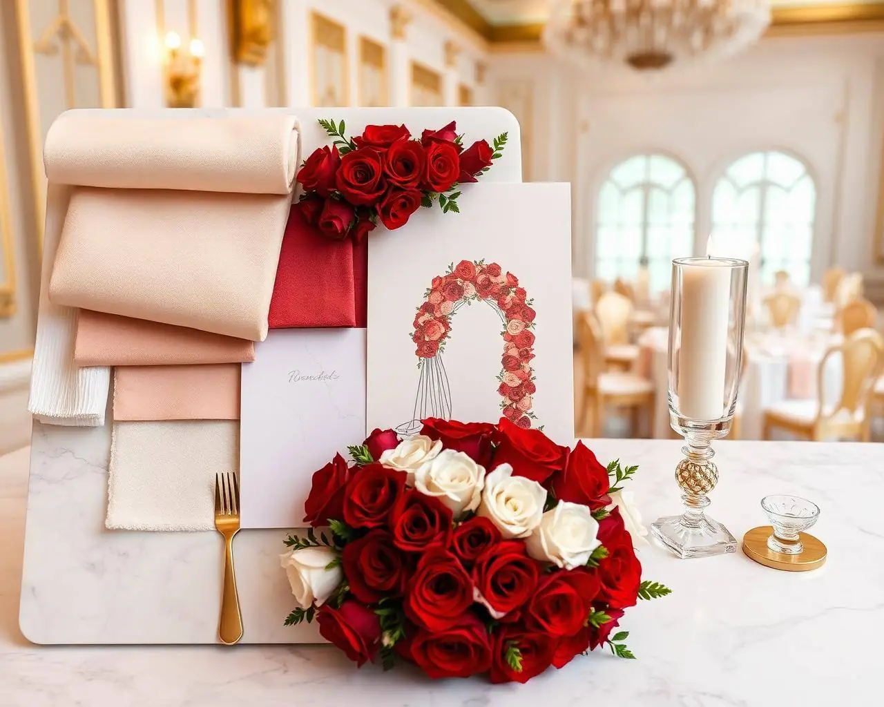 Wedding design mood board with ivory and red fabric swatches, an arch sketch and roses