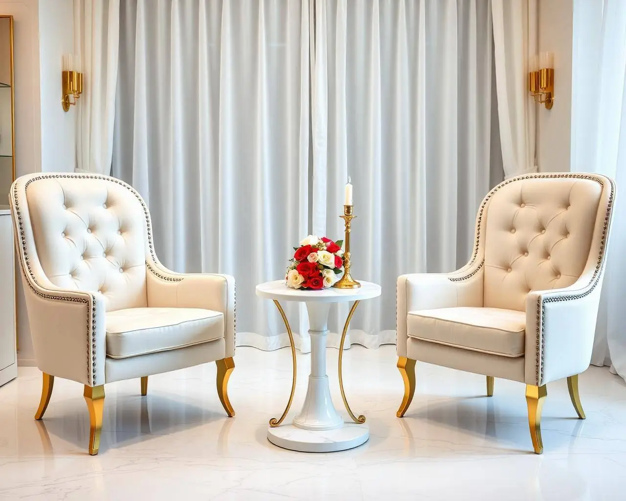 Two ivory consultation chairs facing a white marble table with roses and a candle