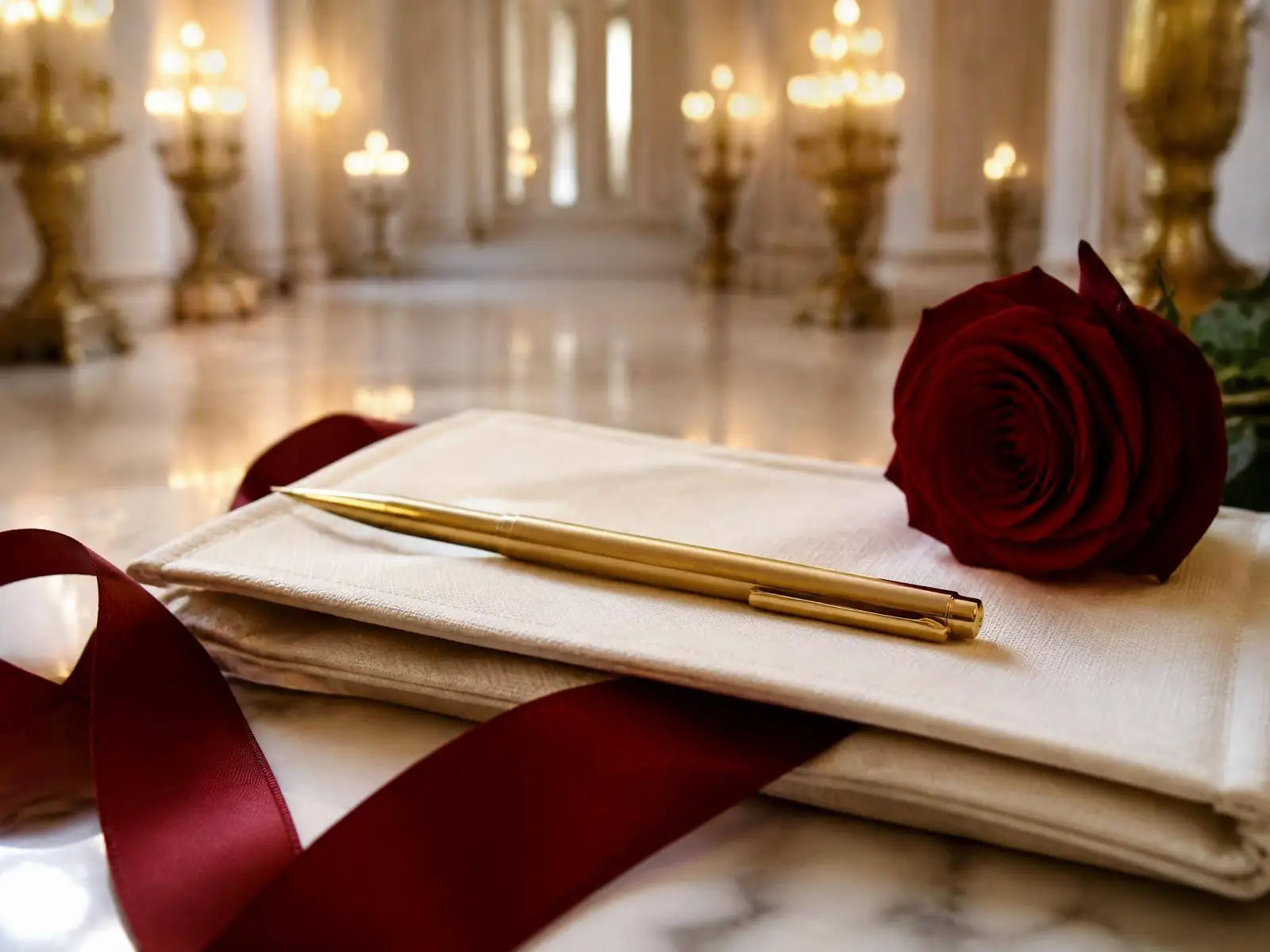 Signed ivory wedding agreement with a gold wax seal, red ribbon and gold pen on white marble