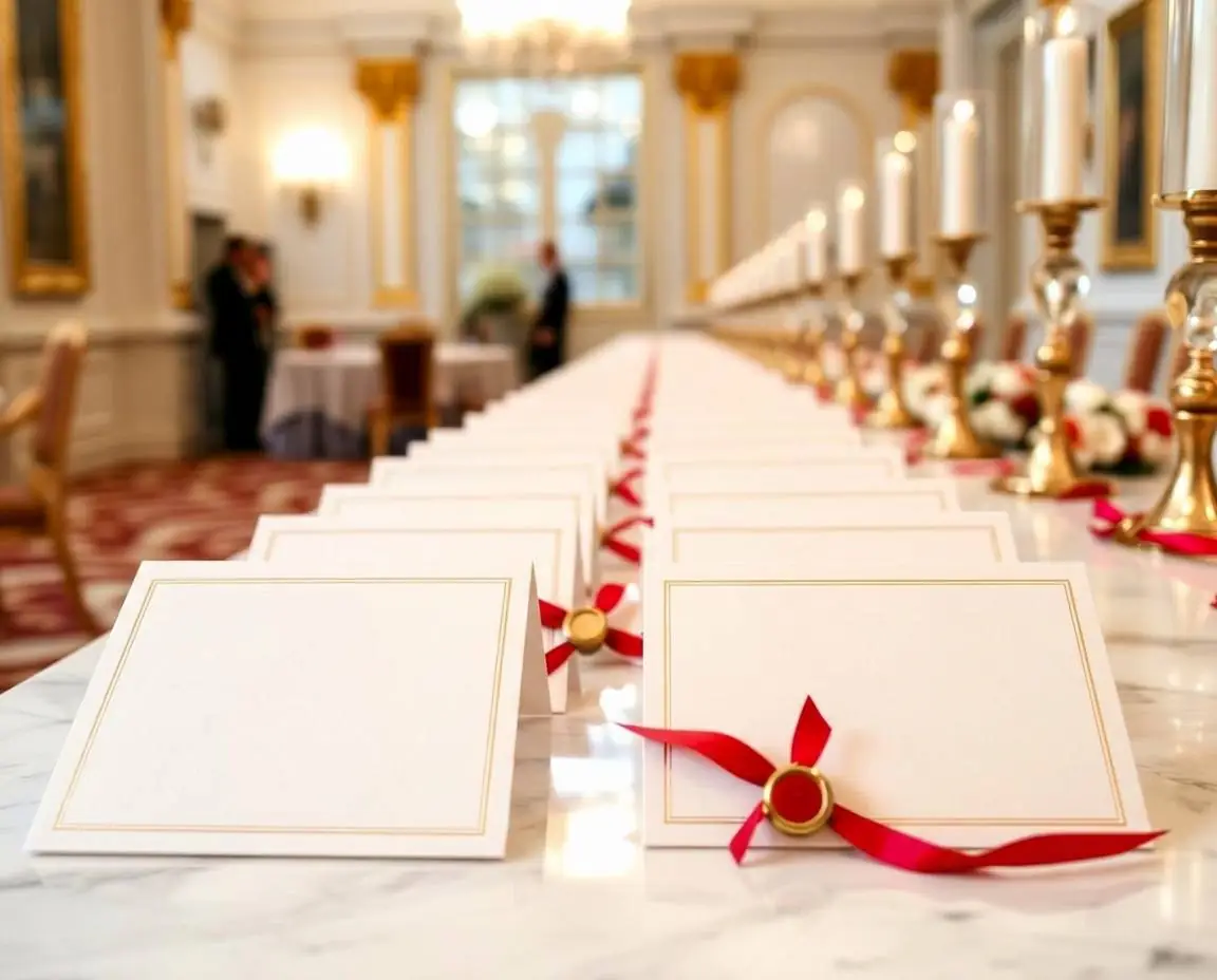 Ivory letterpress menus with gold lettering, red ribbon and candlelight along a marble table