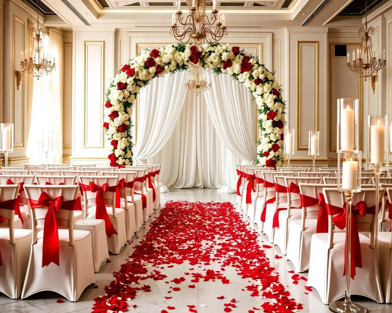 Fully styled wedding day reveal: white floral arch with red roses, ivory chairs with red bows and a petal aisle
