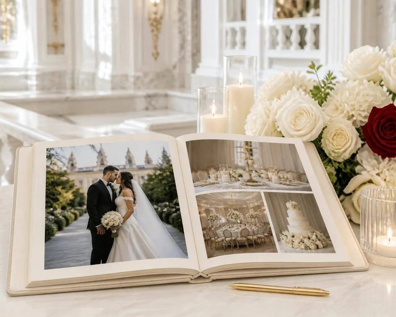 Open ivory wedding album of printed photographs with a gold pen, white and deep red roses and glass pillar candles on white marble