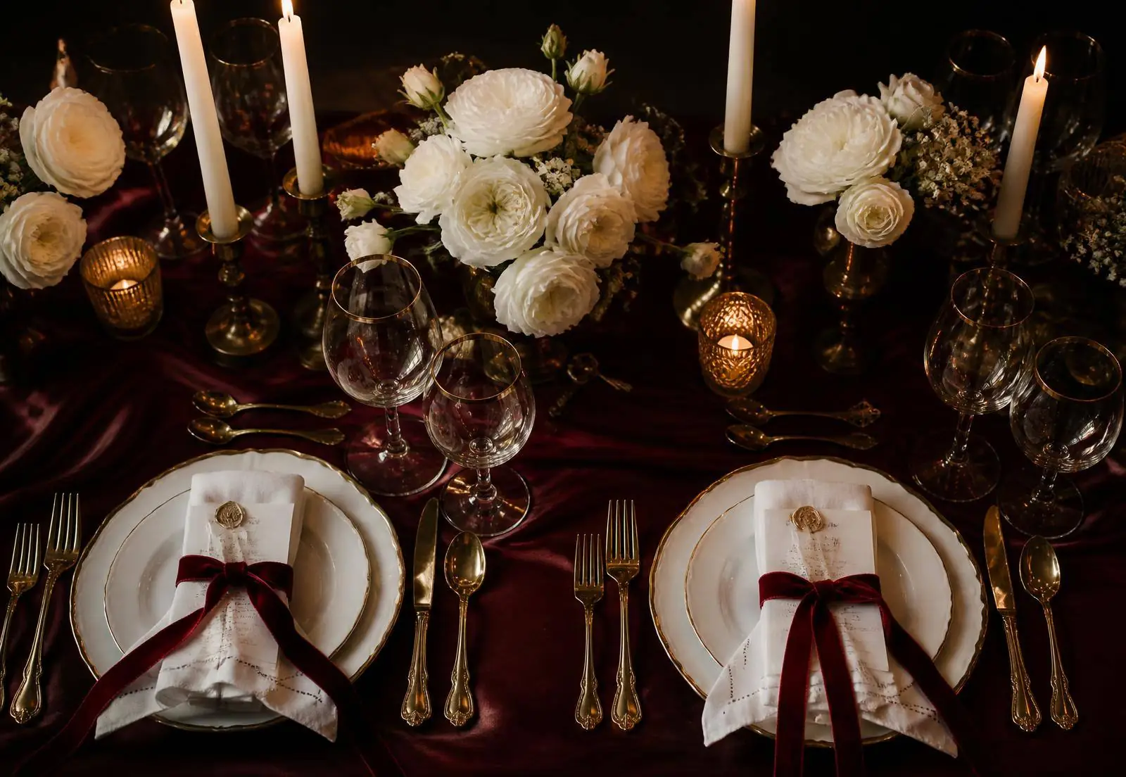 Luxury tablescape on deep crimson silk with white roses, gold flatware and candlelight