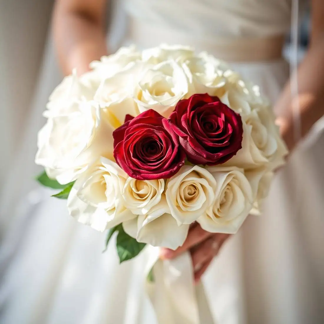 Bridal bouquet of white garden roses with two deep crimson roses