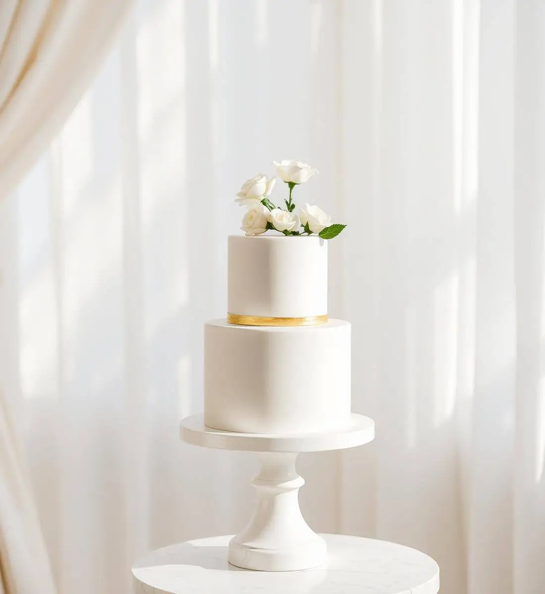 Two-tier white wedding cake with a gold band and fresh white roses