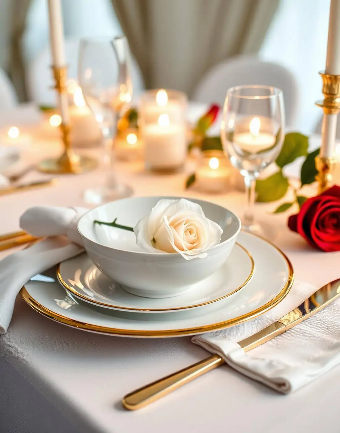 Gold-rimmed place setting with white linen, gold flatware and a single white rose