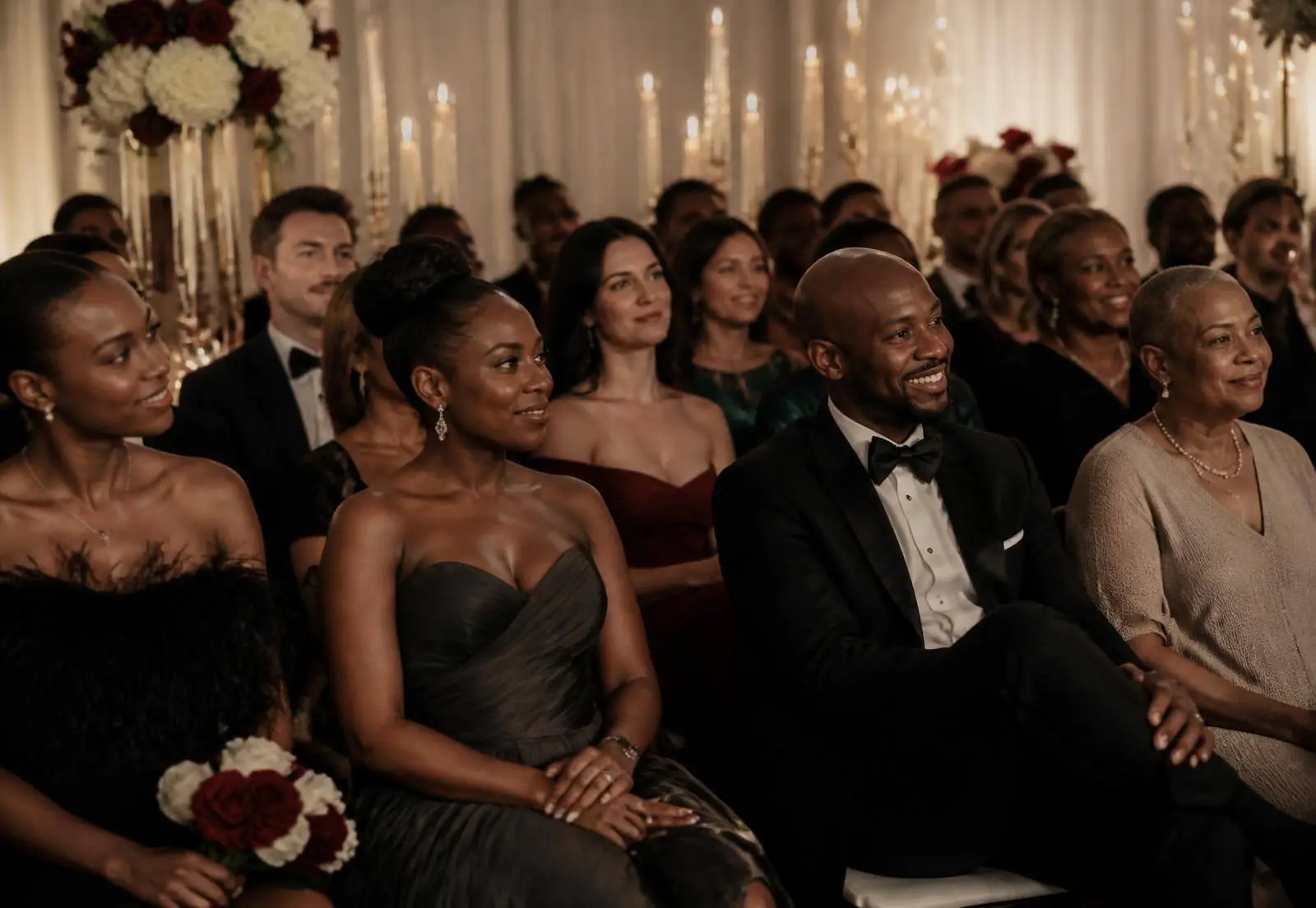 Elegantly dressed guests seated closely during an intimate wedding ceremony.
