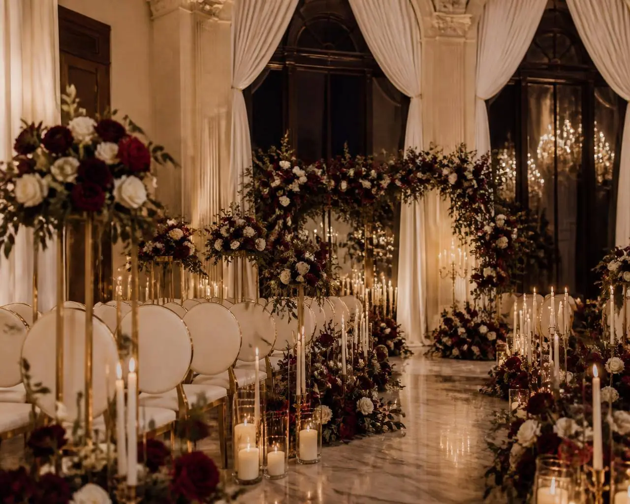 Candlelit white marble wedding hall with white chairs, deep red and white rose garlands and tapered ivory candles lining the aisle