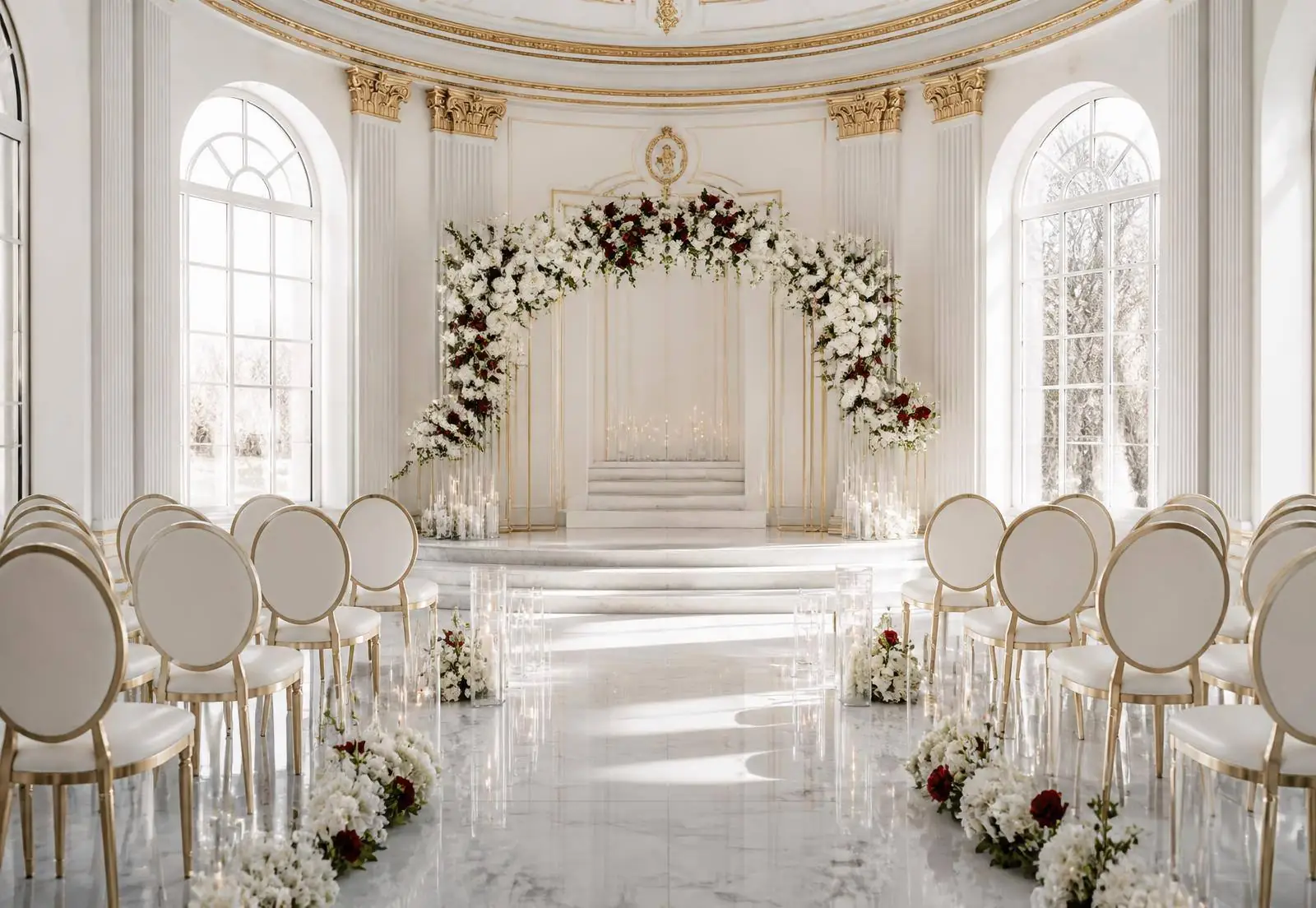 Luminous white and gold intimate ceremony hall with ivory chairs, white florals and restrained red rose accents