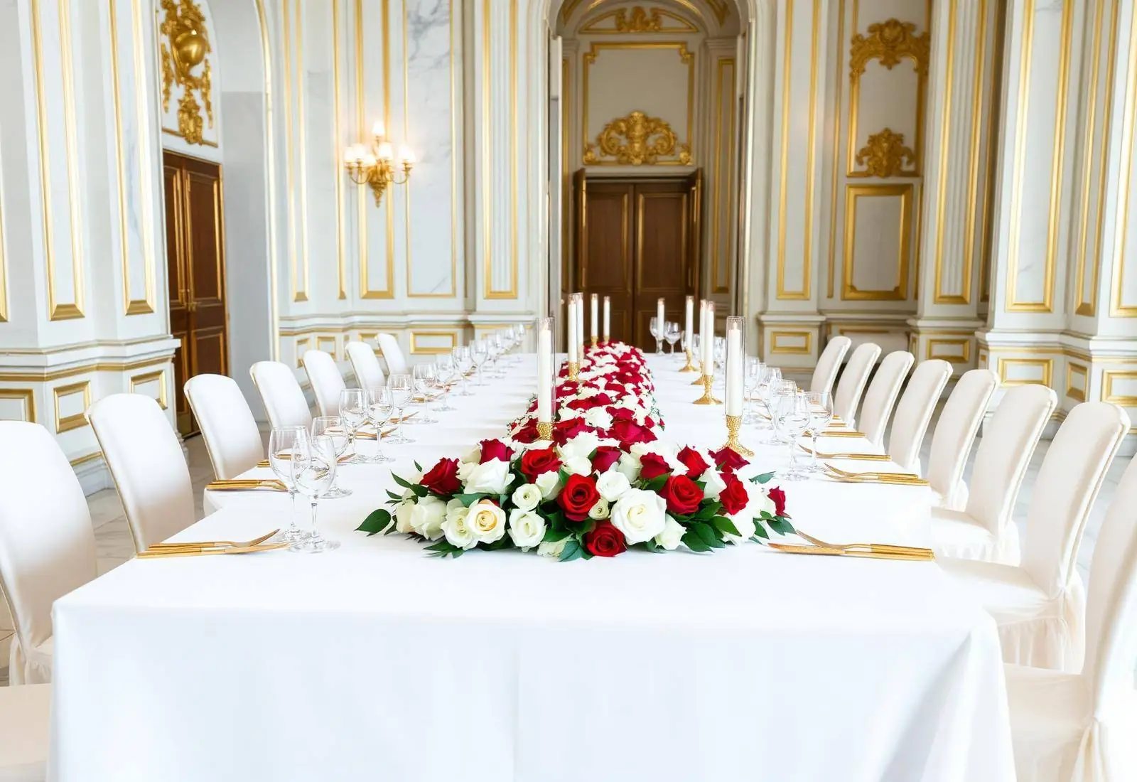 Long intimate wedding dinner table with white linens, gold flatware and a white and red rose garland in a white and gold hall