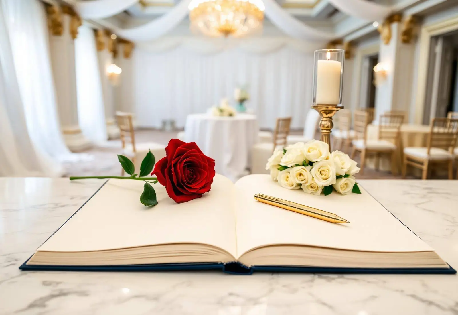 Open ivory planning book with a gold pen, a single red rose and white roses on white marble in a bright wedding hall