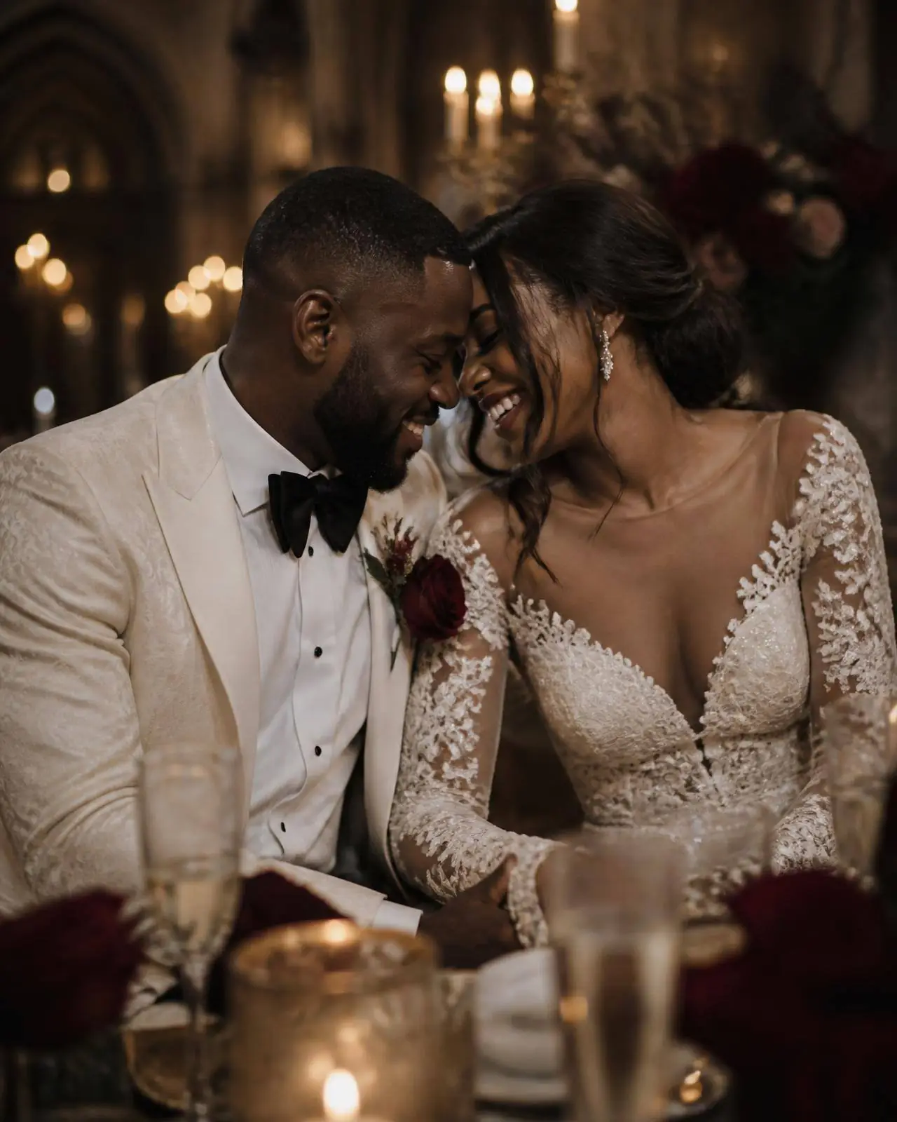Newlywed couple resting their foreheads together and laughing at their candlelit reception table