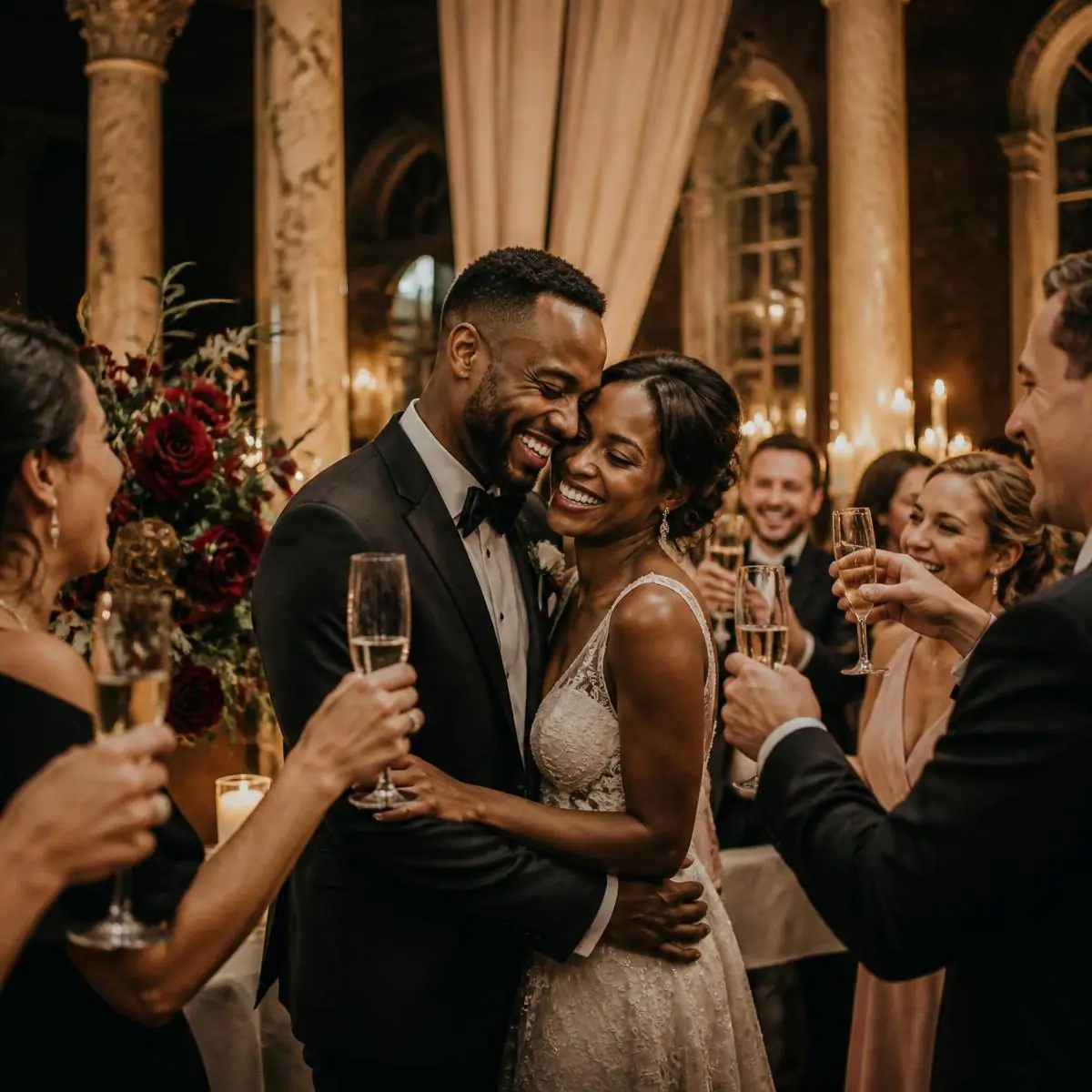 Newlywed couple laughing as guests toast champagne around them in a candlelit hall