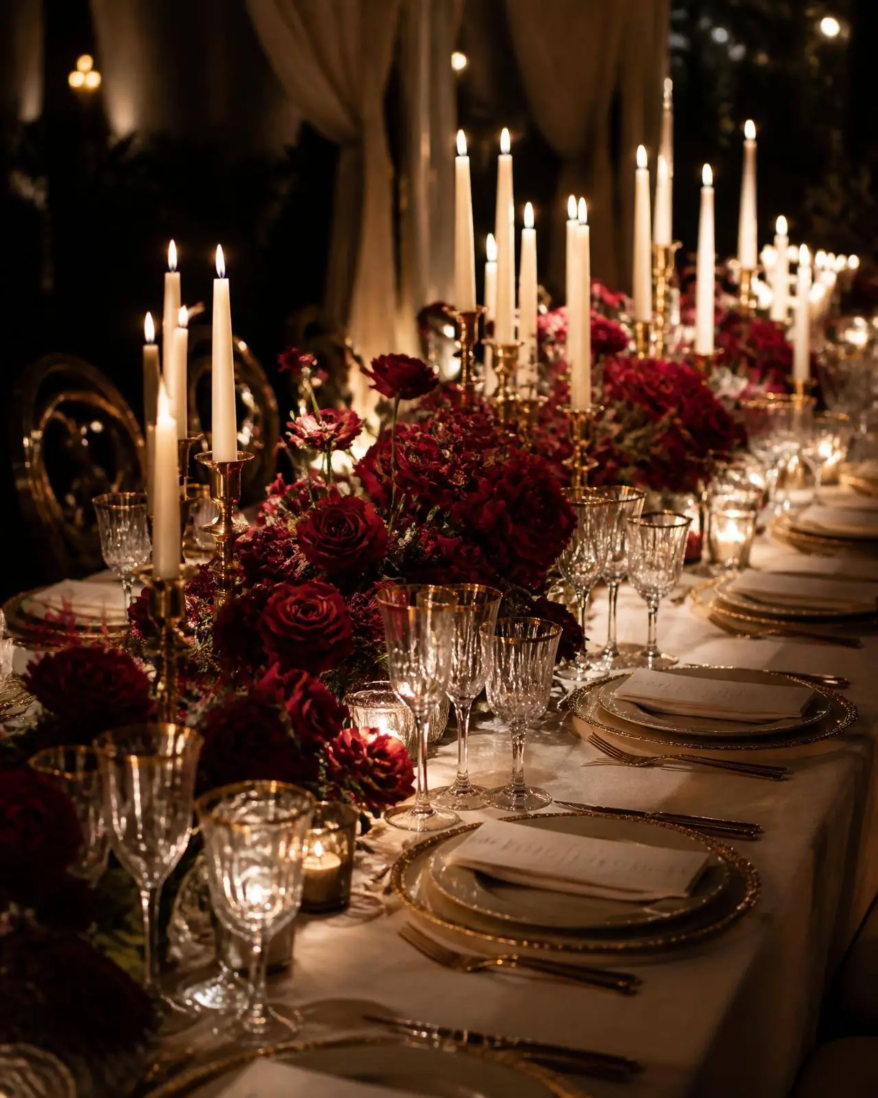 Candlelit intimate luxury wedding table with deep red roses, tapered ivory candles, gold-rimmed chargers and crystal glassware